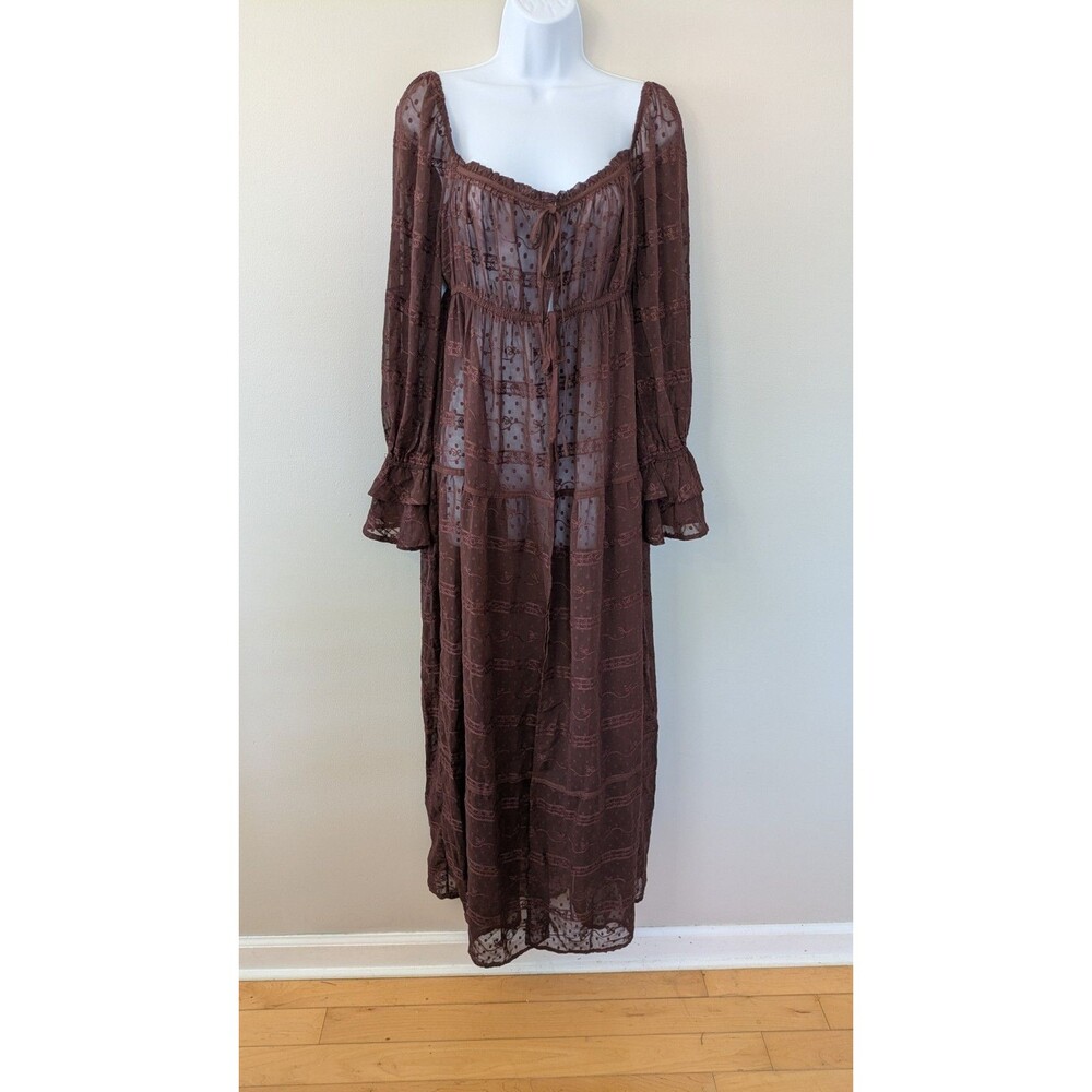 Altard State Sheer Maxi Duster Tie Front Dress M Embroidered Fairy Grunge Brown